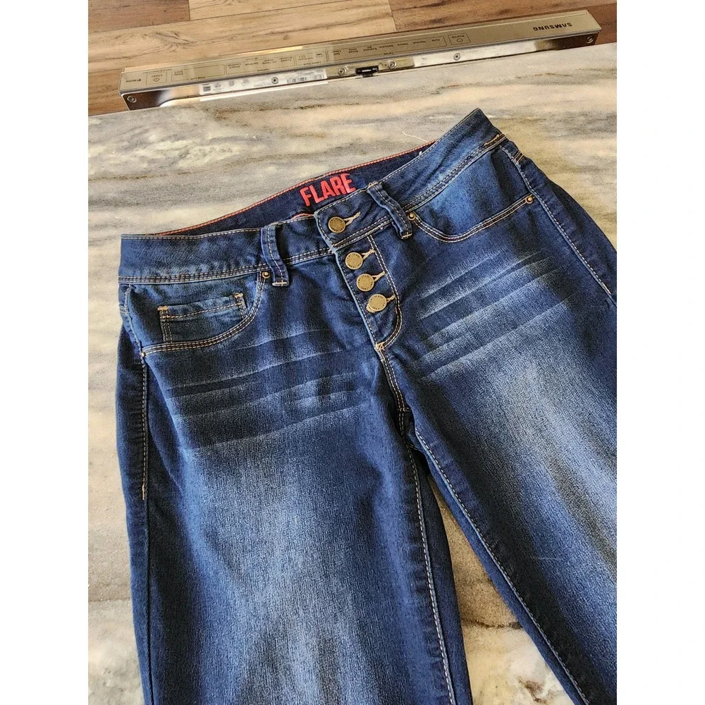 YMI Women Dark Wash Flare Jeans Exposed Button Fly Raw Hem Size 5 Blue Denim